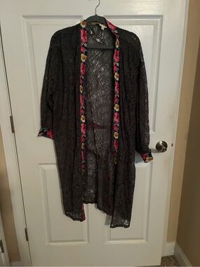 Black Lace Kimono with Floral Trim